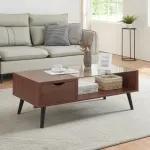 Masuta de cafea Markaryd, aspect nuc, cu sertar si blat din sticla