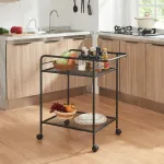 Cărucior de servire negru cu 2 polițe și roți, model Hole