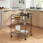 Cărucior de servire cu 2 polițe, roți și aspect stejar-negru