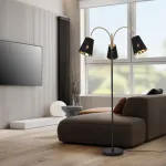 Lampadar Wycombe cu 3 abajururi, negru și auriu, design modern