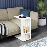 Masă laterală pentru laptop Siikainen, albă, cu roți și rafturi 65x44x29 cm