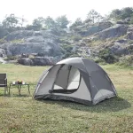 Cort de camping pentru 2 persoane, gri, cu supratentă și plase anti-insecte