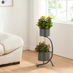 Suport pentru flori Almelo cu 2 ghivece, metal negru, 63x29x21 cm