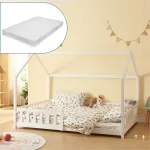 Pat copii tip căsuță Hesel 140x200 cm, alb, cu saltea și protecție