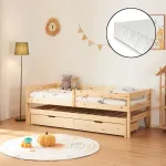 Pat copii din lemn natur cu saltea 90x200, pat extensibil si 2 sertare