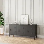 Comodă TV metalică Kotka, neagră, cu 3 uși și spațiu de depozitare