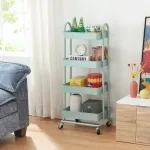 Cărucior de bucătărie cu 4 niveluri și roți, verde mentă, din oțel