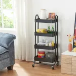 Cărucior de bucătărie cu 4 rafturi pe roți, negru mat, en.casa