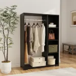 Dulap pentru haine deschis Nesbyen negru cu bară și 4 rafturi