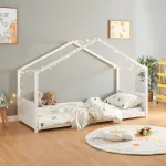 Pat copii tip căsuță Simo 90x200 cm din lemn de pin alb