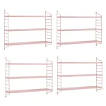Set 4 rafturi de perete modulare roz din otel, 3 polite, en.casa