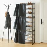 Set 3 rafturi pentru pantofi cu perdea, metal, negre, extensibile