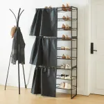 Set 3 rafturi pentru pantofi cu perdea, metal, negre, extensibile