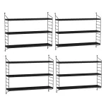Set 4 rafturi de perete modulare negre din oțel, 3 polițe, en.casa