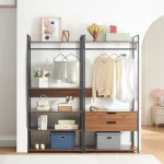 Set 2 garderobe cu rafturi și 2 sertare Larem, negru/nucă