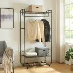 Suport pentru haine cu roți și 3 rafturi Vestvågøy, 176x90x40 cm, negru