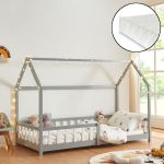 Pat copii tip căsuță Hesel 90x200 cm gri, cu saltea și protecție