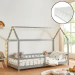 Pat copii tip căsuță Hesel 90x200 cm gri, cu saltea și protecție