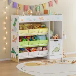 Raft pentru copii cu 9 cutii de depozitare si dulap, model dinozaur