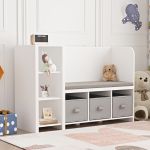 Kinderregal mit Sitzbank Høylandet 76x112x40 cm Weiß/Grau [en.casa]