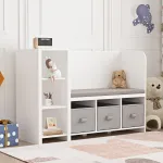 Bibliotecă pentru copii cu băncuță și cutii de depozitare, alb/gri