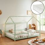 Pat copii tip căsuță Hesel 140x200 cm cu saltea și protecție, verde mentă