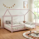 Pat copii tip căsuță Hesel 120x200 cm roz, cu protecție anti-cădere