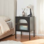 Noptieră metalică Karlskrona cu sticlă striată, negru mat, 60 cm