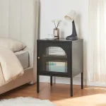 Noptieră metalică Karlskrona cu sticlă striată, negru mat, 60 cm