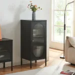 Dulap lateral Karlskrona din oțel, negru mat, cu ușă din sticlă