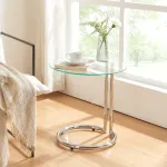 Masă laterală Ylivieska din sticlă securizată și metal cromat, 46x44,5 cm