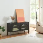 Comodă TV Karlskrona 115x35x64 cm negru mat cu uși din sticlă