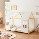 Pat pentru copii tip căsuță Tostedt 90x200 cm din lemn, alb/natur