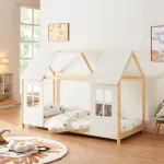 Pat pentru copii tip căsuță Tostedt 90x200 cm din lemn, alb/natur