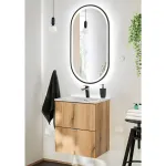Set mobilier baie suspendat cu lavoar ceramic si oglinda LED, stejar