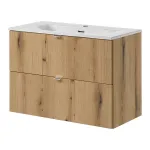 Dulap baie suspendat cu lavoar ceramic 80 cm, aspect stejar