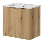 Dulap baie suspendat cu lavoar ceramic 60 cm, finisaj stejar