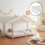 Pat pentru copii tip căsuță Brome, roz, cu saltea 90x200 cm