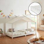 Pat copii tip căsuță Brome 90x200 cm alb cu saltea inclusă