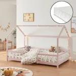 Pat copii tip căsuță Sisimiut cu saltea 120x200 cm, roz/alb