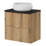 Dulap baie suspendat cu lavoar ceramic si 2 sertare, 60 cm, stejar/negru