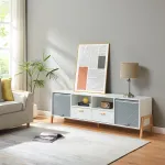 Comodă TV Kvaefjord 160x40x52 cm alb/gri, cu sertare și uși jaluzea