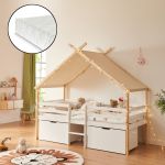 Pat copii tip căsuță Surnadal 90x200 cm cu saltea, sertare și acoperiș