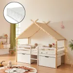 Pat copii tip căsuță Surnadal 90x200 cm cu saltea, sertare și acoperiș