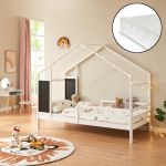 Pat copii tip căsuță Lorenskog 90x200 cm cu saltea, alb