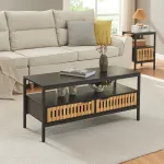 Masă de cafea Luniehti 100x40x48 cm, negru/natur, cu 2 uși