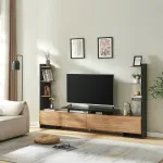 Comodă TV Rauki cu rafturi laterale, negru și aspect lemn mango