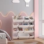 Raft pentru copii Vestnes cu 12 cutii de depozitare, roz/alb, 78x86 cm