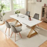 Masă dining Hujaari pentru 6 persoane, aspect marmură albă și auriu