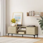 Comodă TV Kistiandi 140x40x50 cm, stejar deschis, cu 2 uși